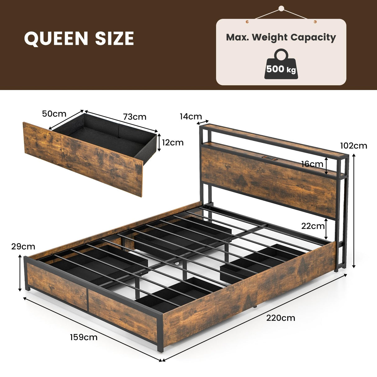 Queen Bed Frame with App Control RGB LED Lights, Metal Platform Bed with Storage Headboard, Charging Station & 4 Roll-Out Drawers, Noise-Free Mattress Foundation, No Box Spring Needed