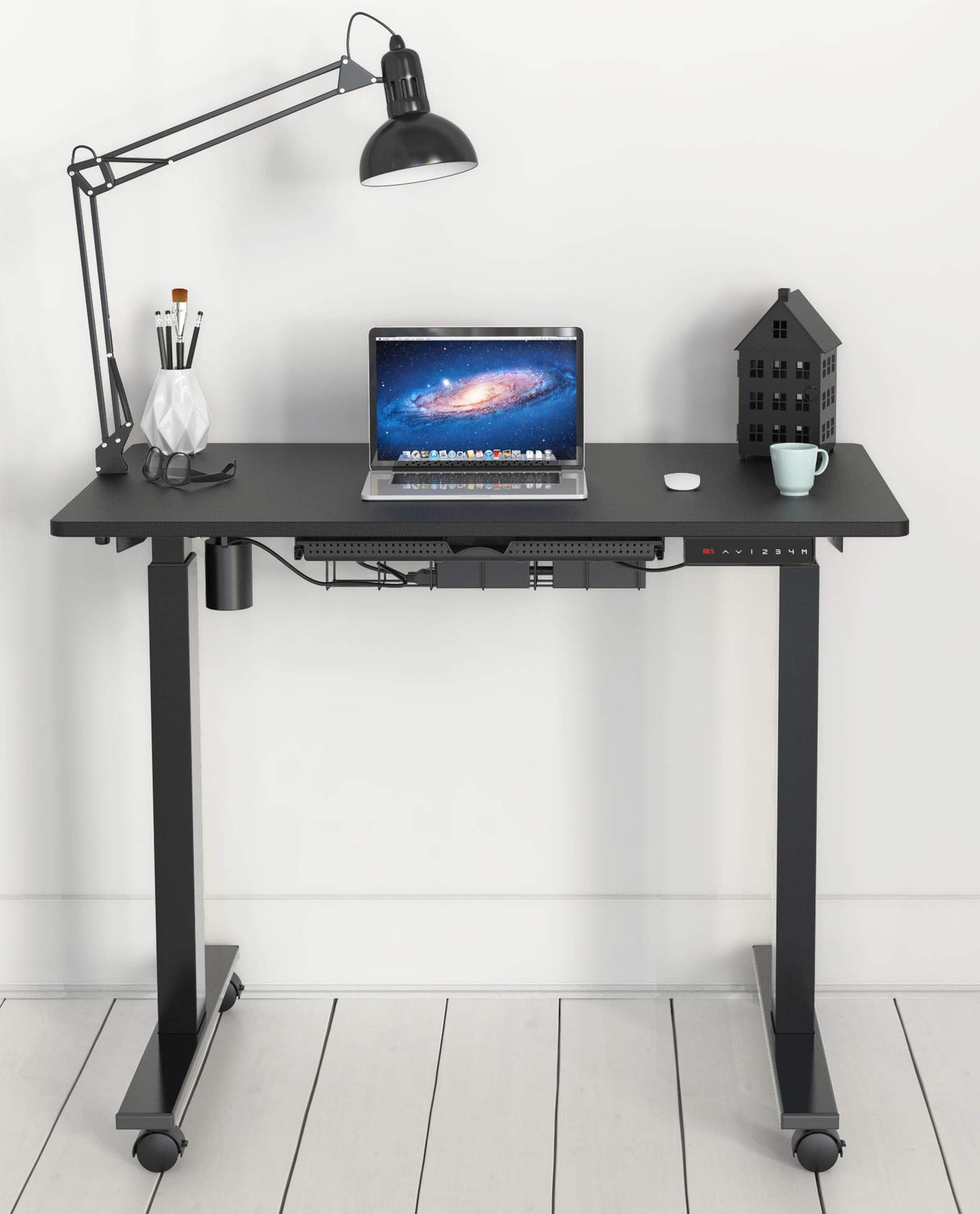 Small Electric Height Adjustable Mobile Sit Stand Desk with Drawer, Hanging Hooks and Cable Management, 101 x 61 cm, Black