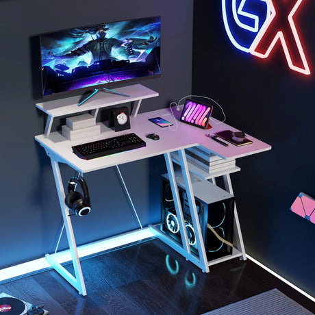 L-Shaped Gaming Desk with Outlets & USB Ports, Small Computer Desk with Monitor Shelf, Headphone Hook, Storage Shelf & Host Stand, Corner Gamer Desk with Carbon Fiber Texture