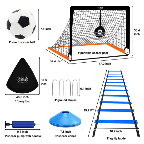 Hitish Kids Soccer Goals for Backyard, Portable Pop Up Soccer Nets with Carrying Bag, Toddler Goal Training Equipment with Ball, Agility Ladder, Cones and Target, Soccer Practice Set for Outdoor