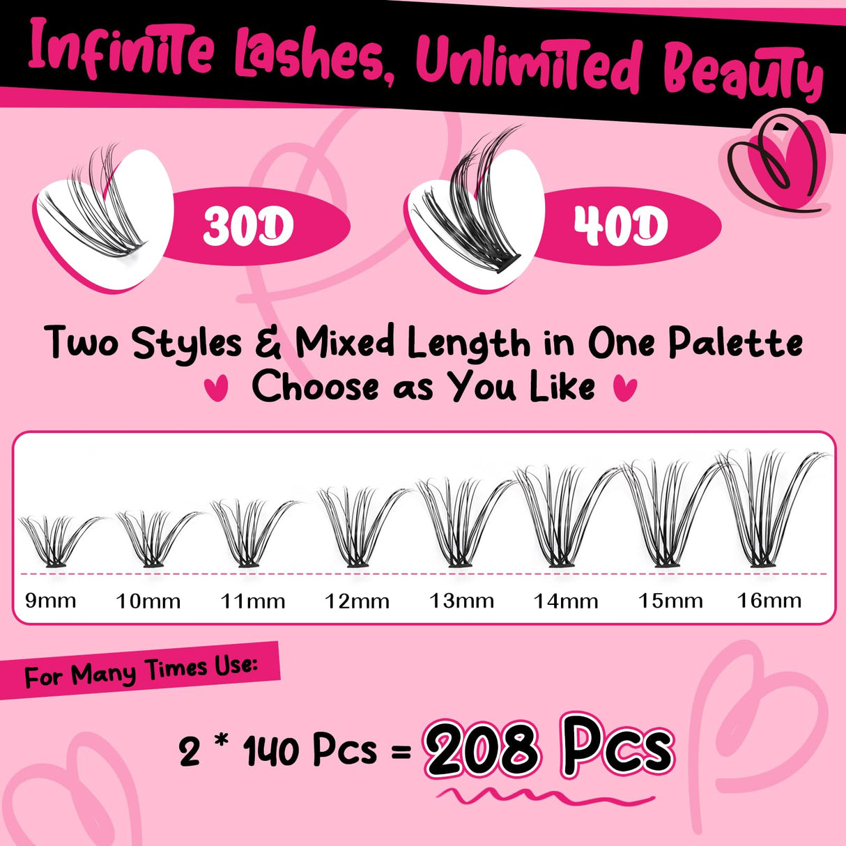 𝑷𝑹𝑶 DIY Lash Extension Kit 280Pcs Lash Clusters Eyelash Extension Kit with Lash Bond and Seal Lash Applicator Individual Lashes Kit Eyelash Brush DIY Various Styles Easy to Apply at Home(30D+40D-9-16mix Kit)