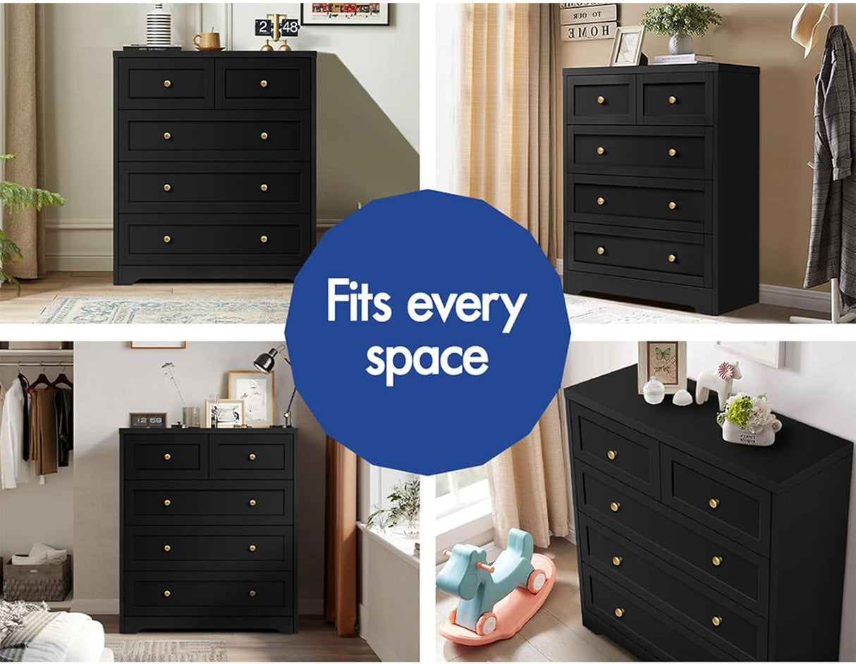 Dresser with 5 Drawers Hallway Tallboy, Bedroom Chests of Drawers with Handles, Living Room Side Cabinet Standing Storage Cupboard, Indoor Furniture Home Organiser Sideboard