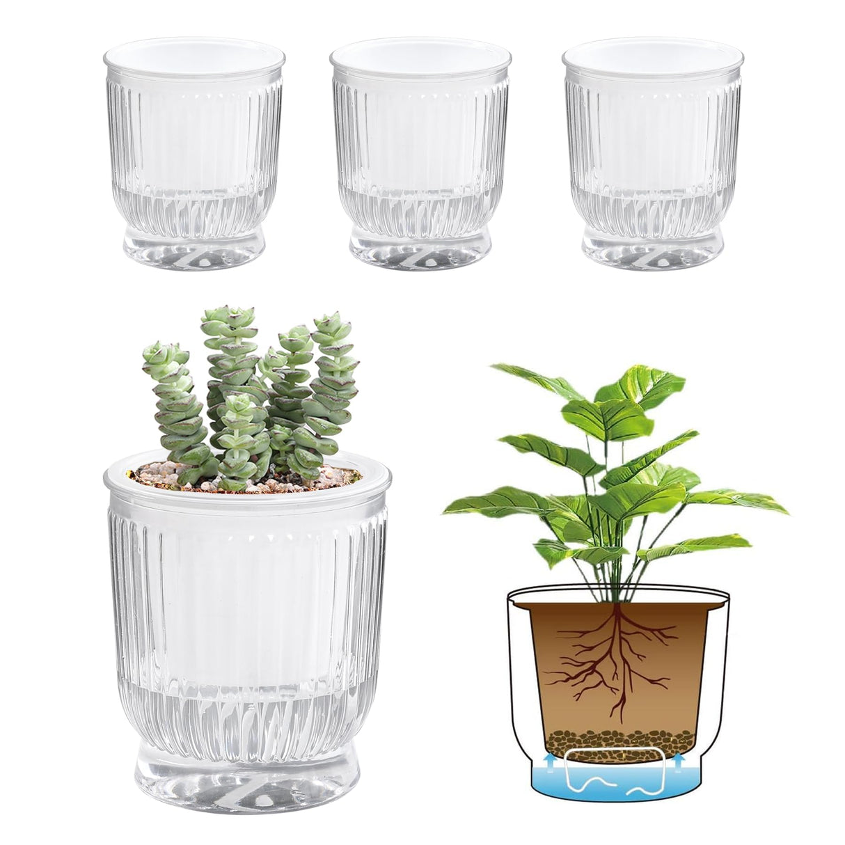 T4U Self Watering Plant Pots, 4 Inch Small Plant Pots, Self Watering Planter with Deep Reservoir, Plastic Flower Pots for All House Plants, Flowers, African Violets, 4 Pack,Transparent