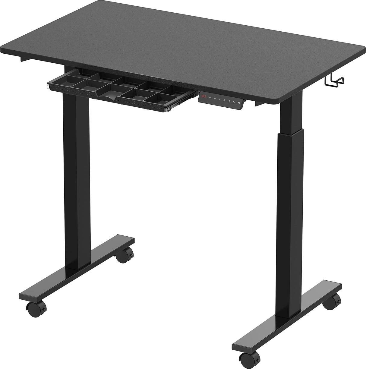 Small Electric Height Adjustable Mobile Sit Stand Desk with Drawer, Hanging Hooks and Cable Management, 101 x 61 cm, Black