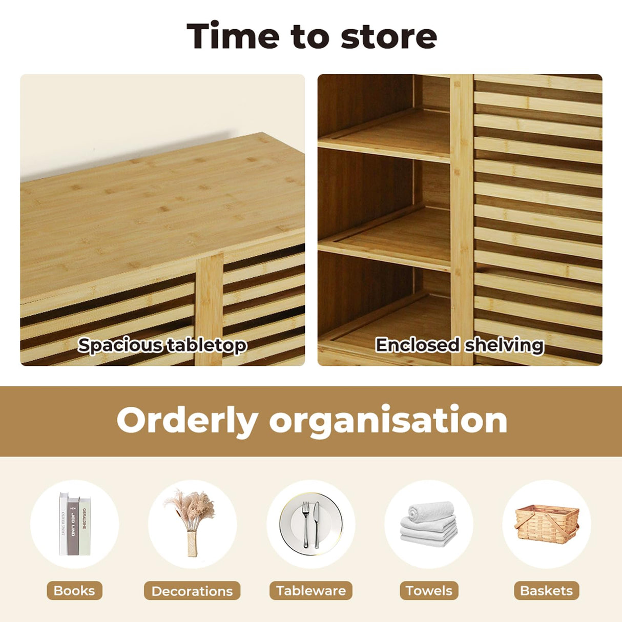 Bamboo Storage Cabinet, Freestanding Organizer, Cabinets Cupboard with Louvered Door and Open Shelf, for Bathroom Laundry Room, Entryway, Kitchen, Natural,80cm x 40cm x 88cm