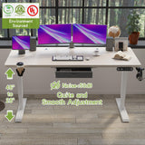 Height Adjustable Electric Standing Desk with Drawer, 63 x 30 Inch (160x76CM) Stand Up Table, Computer Desk with Splice Board, Home Office Computer Ergonomic Desk, Oak Top + White Frame