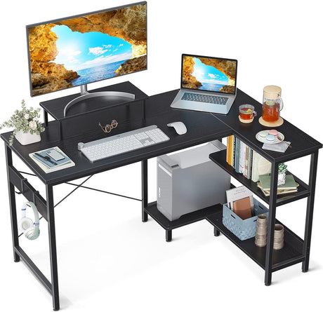 L Shaped Computer Desk with Reversible Storage Shelves, L-Shaped Corner Desk with Monitor Stand for Small Space, Modern Simple Writing Table for Home Office Desk