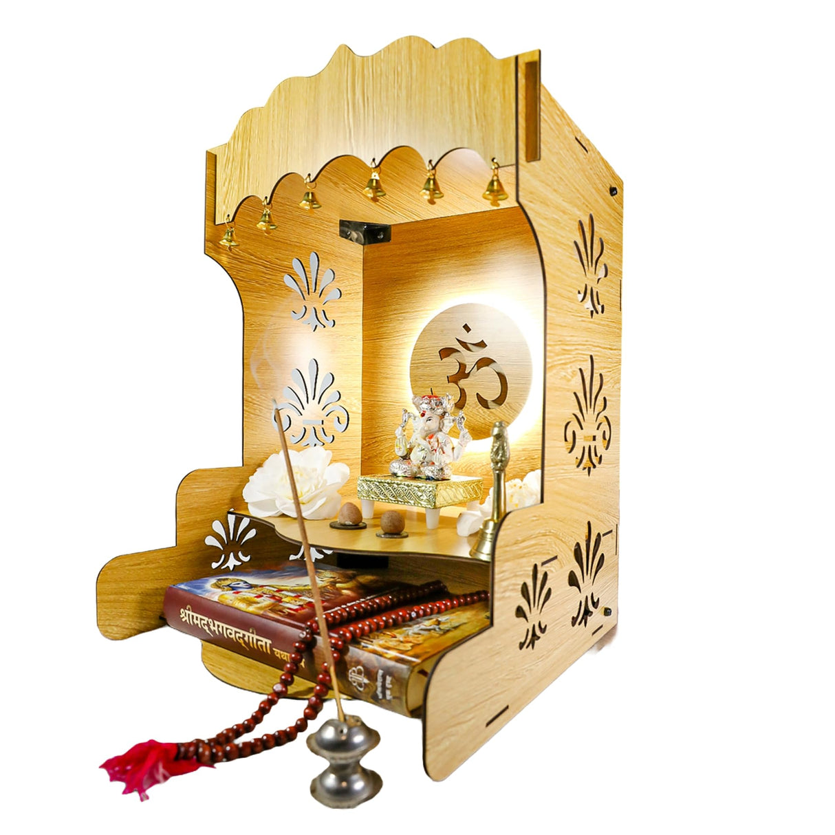 Wooden Pooja Temple for Home/Office – Elegant Pooja Mandir with Inbuilt Om Symbol LED Light & Storage – Beautiful Pooja Temple