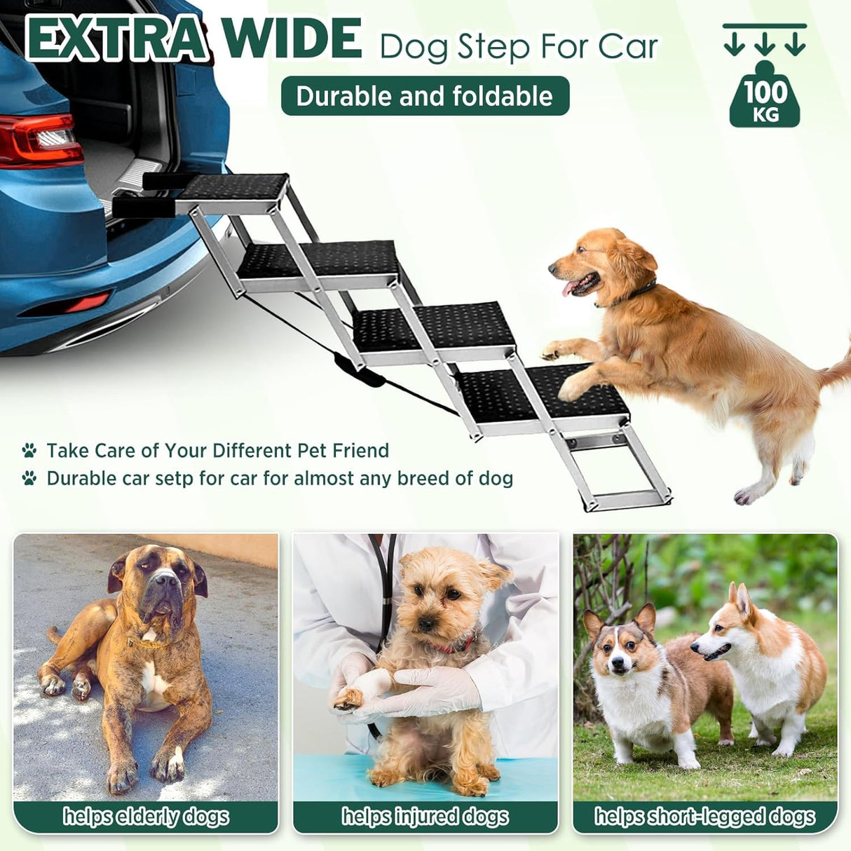 Extra Wide Dog Ramps for Cars,48.2cm Widen Dog Steps for Large Dogs with Non-Slip Surface,Portable Aluminum Folding Pet Ramp for Dogs,Lightweight Dog Stairs for Cars SUV & Trucks, Supports up to 100KG