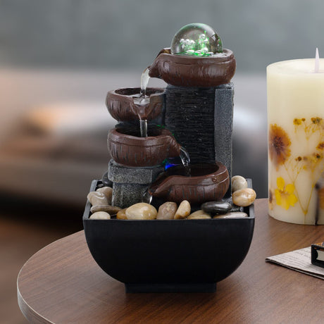 Tabletop Fountain Indoor Office Relaxation Desktop Fountain Includes Many Natural River Rocks Decorated with Colored Lights and Rotating Bubble Ball