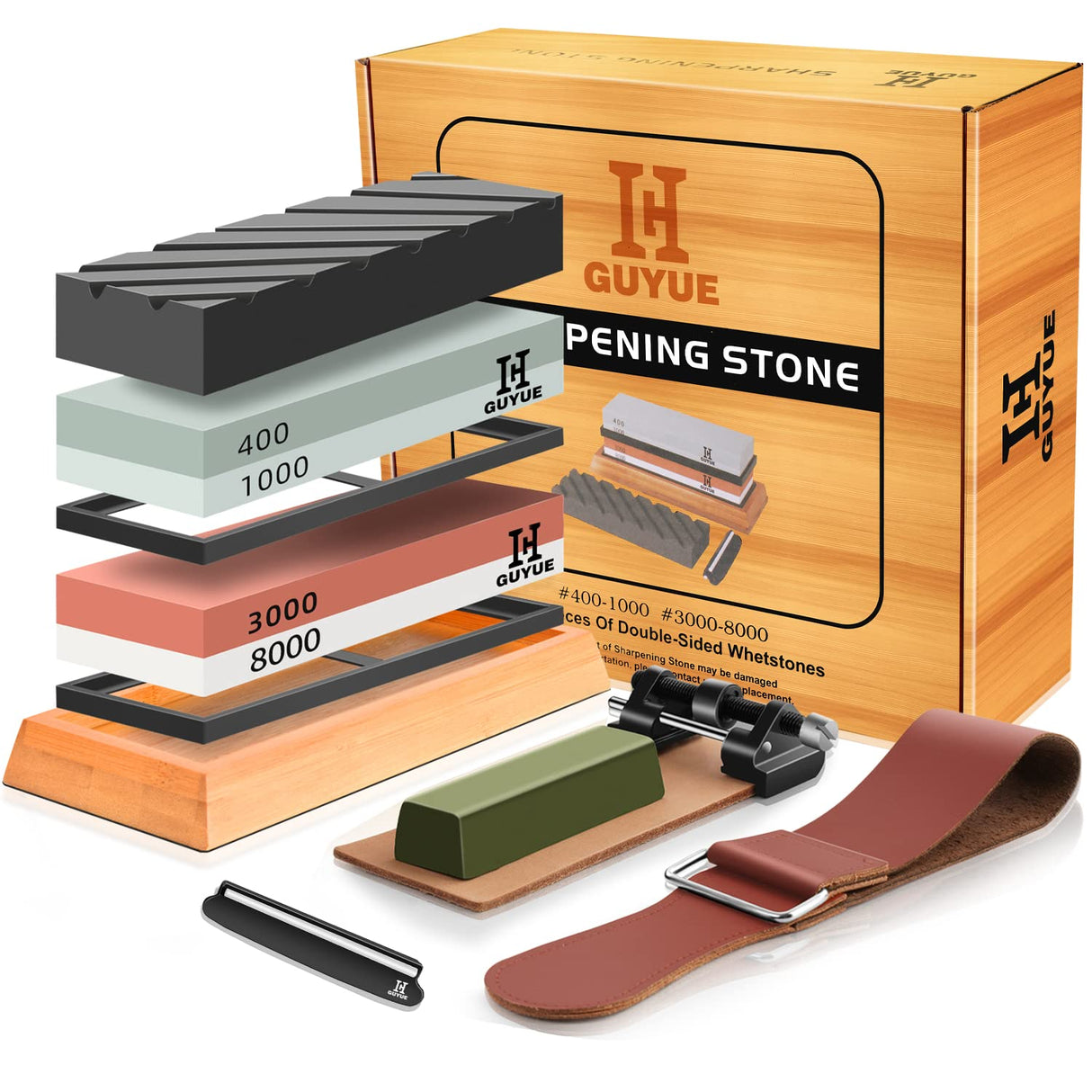 Professional Knife Sharpening Stone Set,Professional Whetstone Sharpener,Premium 4 Side Grit 400/1000 3000/8000 Water Stone,Flattening Stone,Non-Slip Bamboo Base,Chisel Honing Guide.