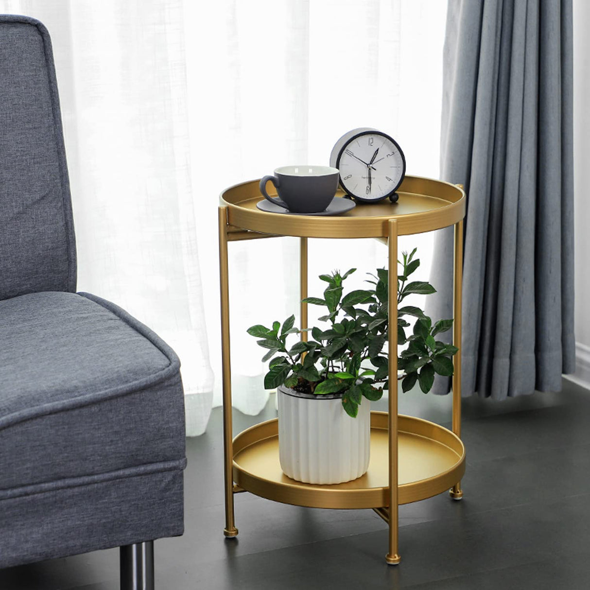 Round Metal Side Table with Double Tier,Coffee Table,Side Table,Night Stand for Living Room and Bedroom (Gold)