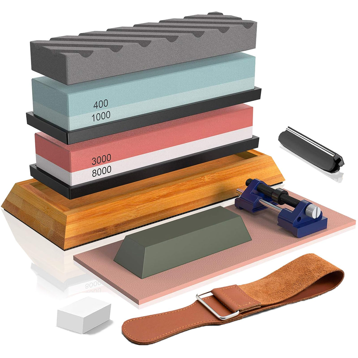 Knife Sharpening Stone,Whetstone Sharpener Includes 4 Side Grit 400/1000 3000/8000 Whetstones, Non-Slip Bamboo Base, Angle Guide，Polishing Compound，Leather Strop, Flattening Stone