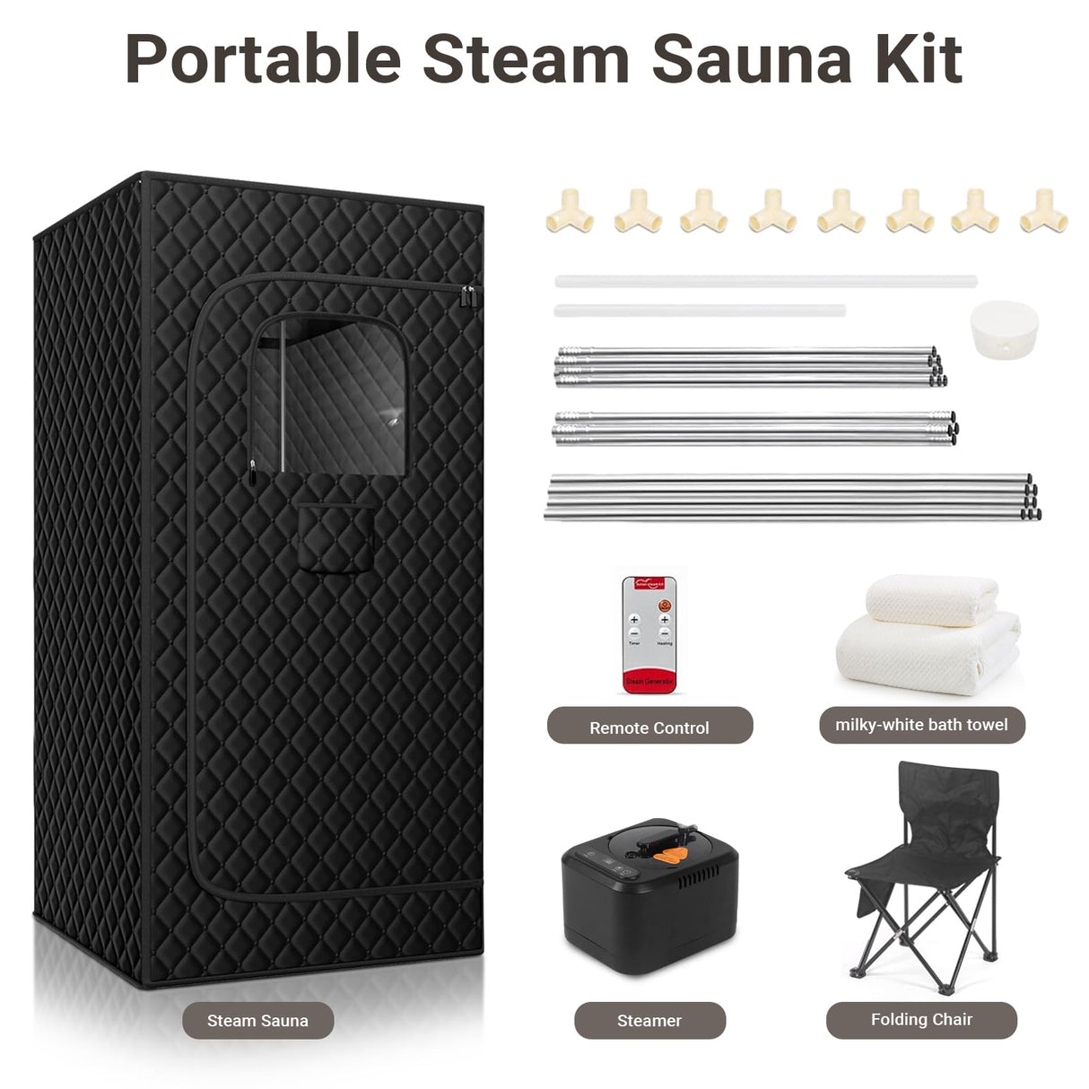 Portable Steam Sauna, Portable Sauna for Home, Sauna Tent Sauna Box with 3L Steamer, Remote Control, Folding Chair, Large Bath Towel, 80x 80x180 - Black