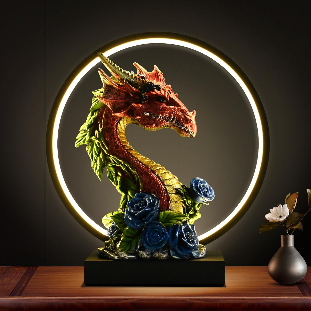 Hmusnwol-Dragon Figurines Lamp-Collectible Figurines-Dargon Statue - 13.18 inch LED Circle Table Lamp Figurine Dungeon and Dragons Gifts