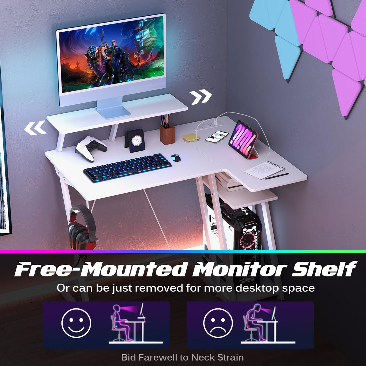 L-Shaped Gaming Desk with Outlets & USB Ports, Small Computer Desk with Monitor Shelf, Headphone Hook, Storage Shelf & Host Stand, Corner Gamer Desk with Carbon Fiber Texture