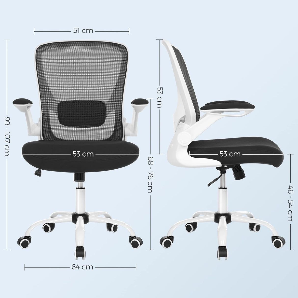 Office Chair, Swivel Chair with Mesh Covering, Ergonomic, Padded Lumbar Support, Rocker Function, 53 cm Seat, Folding Armrests