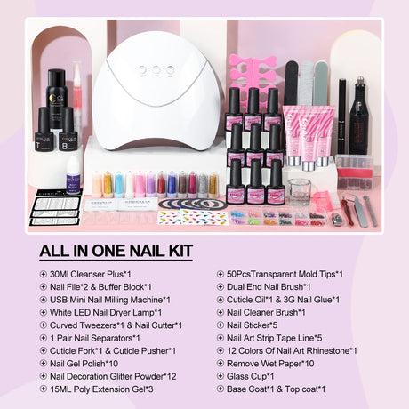 Gel Nail Builder Kit with Nail Drill Machine 10 Colors Gel Polishes 3 Pcs Poly Nail Gel UV Nail Light for Nails Soak off Nail Polish and Nail Decoration Powder Basic Tools for Nail Design