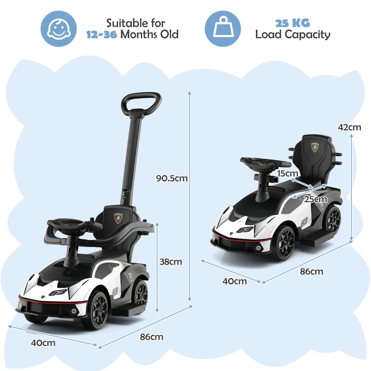 Lamborghini Licensed Push Cars for Toddlers 1-3, 3 in 1 Stroller Sliding Walking Car w/Handle, Armrest Guardrail, Underneath Storage, Horn, Foot-to-Floor Ride On Toy for Boys Girls (White)