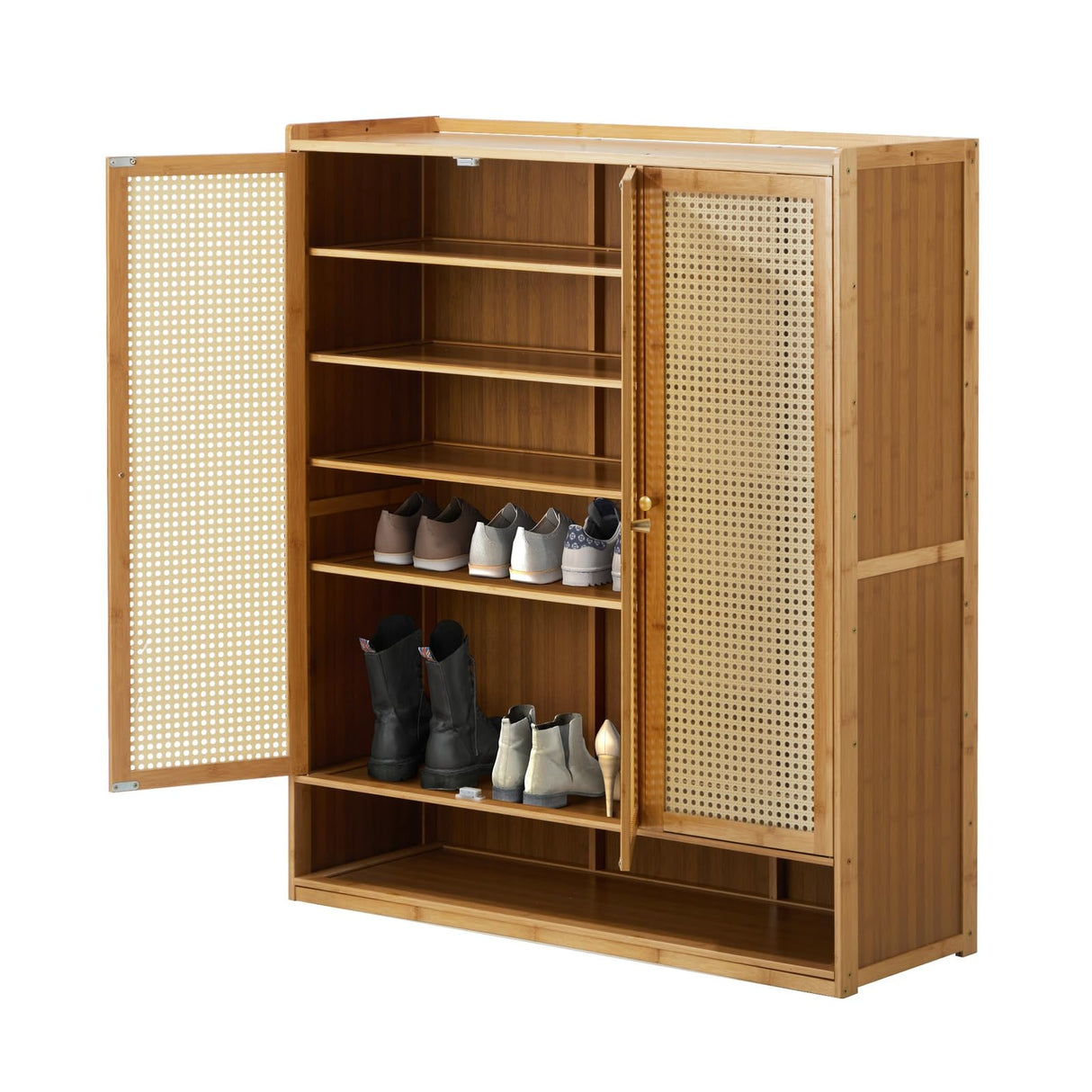 Shoe Storage Cabinet with Rattan Door Wooden Shoe Rack with 7-Tiers Shoe Storage Shelves