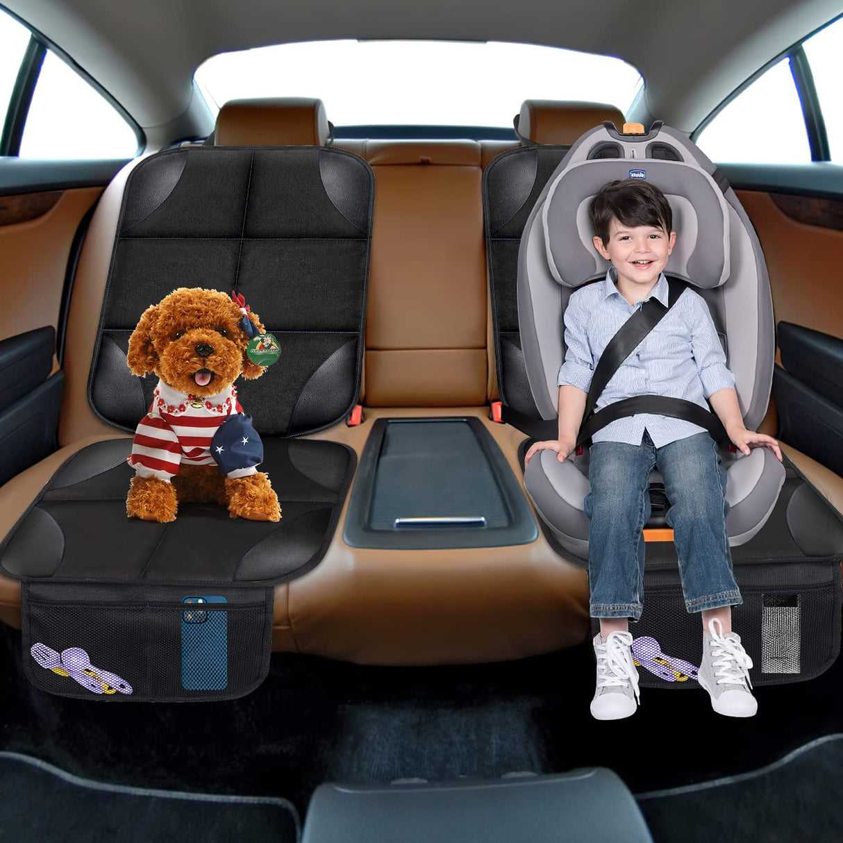 Car seat Protection pad 600D Fabric Carseat Seat Protectors, 2 Pack Seat Protector Under Baby Pet Car Seat with Non-Slip Backing, Thickest Padding, Mesh Storage Pockets