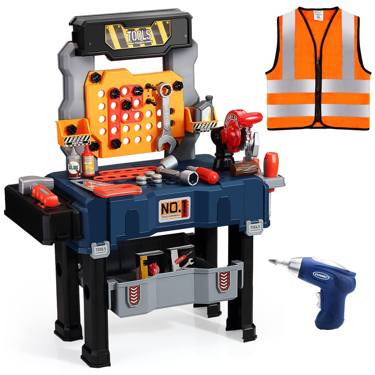 Kids Tool Bench with Realistic Tools and Electric Drill, Transformable Kids Tool Set, Toddler Tool Bench Pretend Play Learning Boys & Girls Age 3-5 (with Work Clothes)