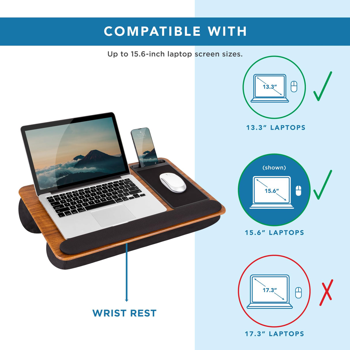 Home Office Pro Lap Desk with Wrist Rest, Mouse Pad, and Phone Holder - Espresso Woodgrain - Fits up to 15.6 Inch Laptops - Style No. 91612