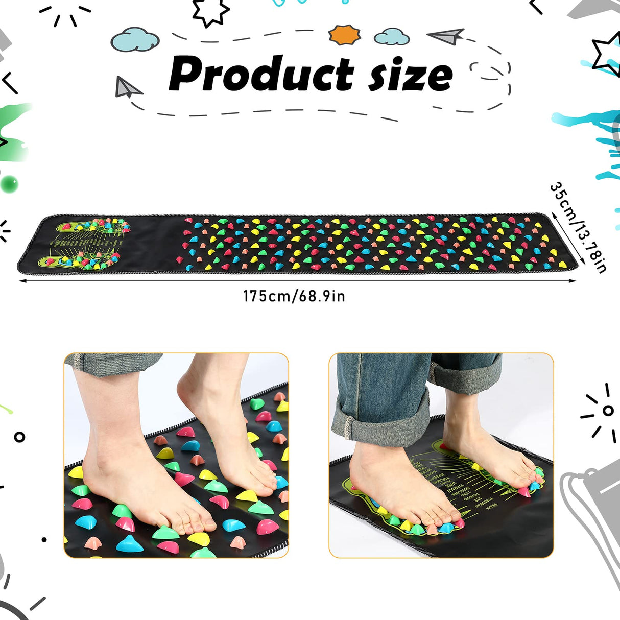 Foot Massage Mat Reflexology Walk Stone Road Foot Massage Acupoint Mat for Acupressure Relaxes Massage Mat for Long Sitting Elderly Students and Office Workers (68.89 x 13.78 Inches)