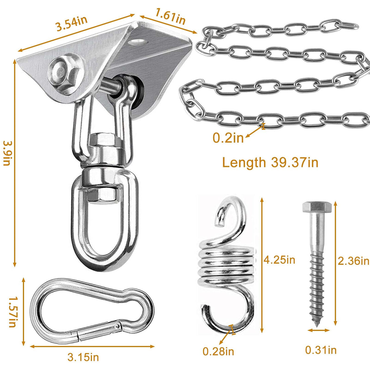 Hammock Chair Hanging Hardware Kit with Chain and Spring, Heavy Duty Porch Swing Hanger, 360 Swivel Ceiling Hooks for Punching Bag,Gym (Screw)