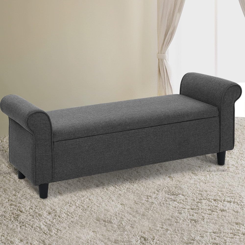 Upholstered Storage Ottoman, Foot Rest Stool Bench Padded Seat Blanket Box Chest Bedroom Living Room Indoor, 124.5 x 42 x 49cm with Armrest Grey Faux Linen Fabric Open Lid Heavy Duty