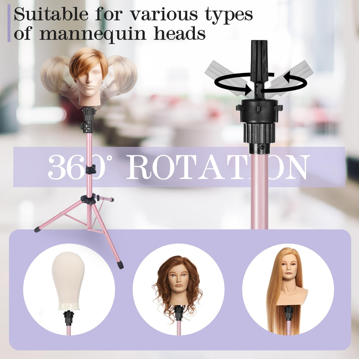 Adjustable Wig Stand Tripod, Mannequin Stand for Wig Tripod Stand, Mannequin Head Stand for Cosmetology Hairdressing Training, Pink (Mannequin Head Not Included)