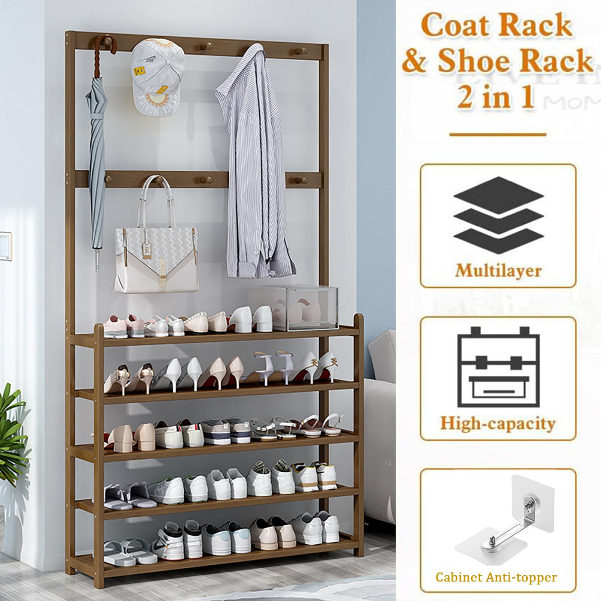 Entryway Shoe Rock,Coat Tree, Orginzer and Coat Rack 2 in 1,Hall Tree with Hooks,Free Standing Shoe Rack,5 Tier Storage Shelves with 10 Hooks,Multifunctional Storage Shelf Entryway Hall Storage Shelf