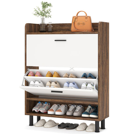 Shoe Cabinet, 2-Tier Shoe Storage Cabinet with Flip Doors, Vintage Entryway Shoe Organizer Rack with Open Shelves for Narrow Closet, Entryway, Living Room, Brown