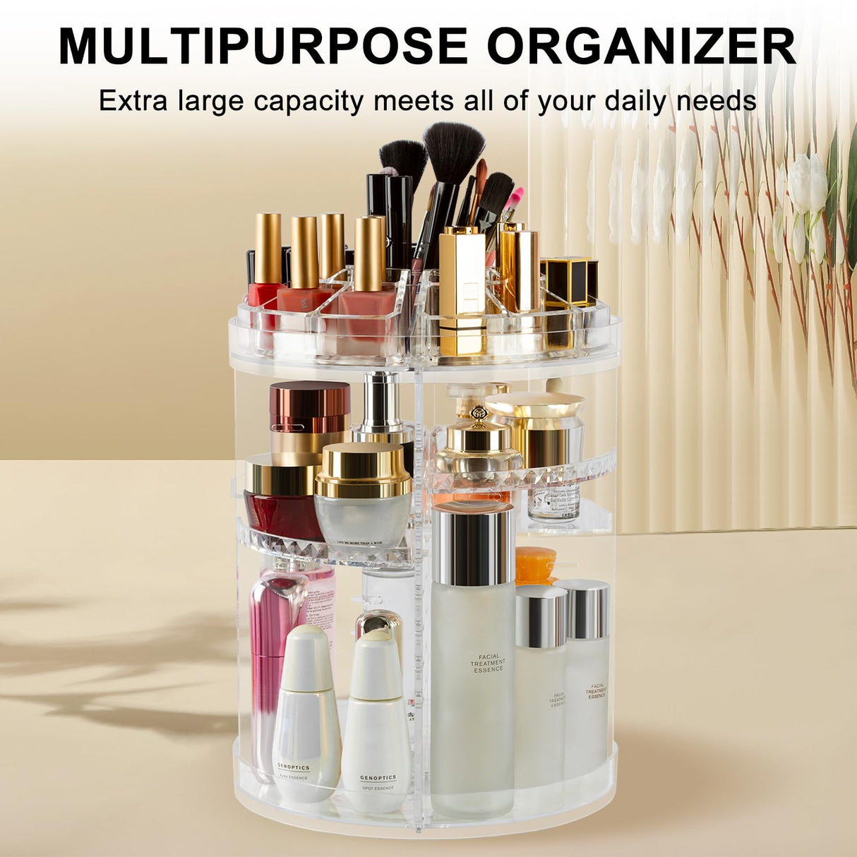 Makeup Organizer, 360 Degree Rotating Adjustable Cosmetic Storage Display Case with 8 Layers Large Capacity, Fits cosmetics, Makeup Brushes, Lipsticks and More, Clear