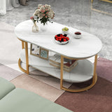 Faux Marble Coffee Table, Modern 2-Tier Center Table with Open Shelf, Oval Cocktail Table with Gold Finished Metal Frame for Living Room Bedroom, White