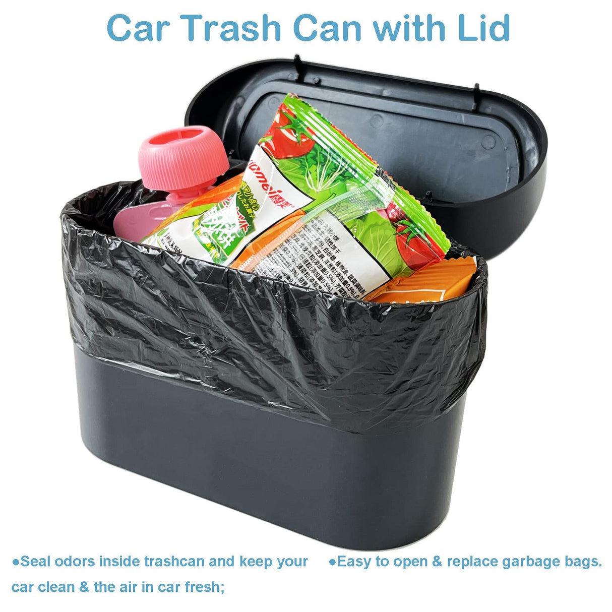 Car Trash Can Bin with Lid, 120 pcs Trash Bags and 4 pcs Car Hooks. Mini Car Garbage Can, Small Car Accessories Trash Bin Dustbin Organizer Container for Car Office Home