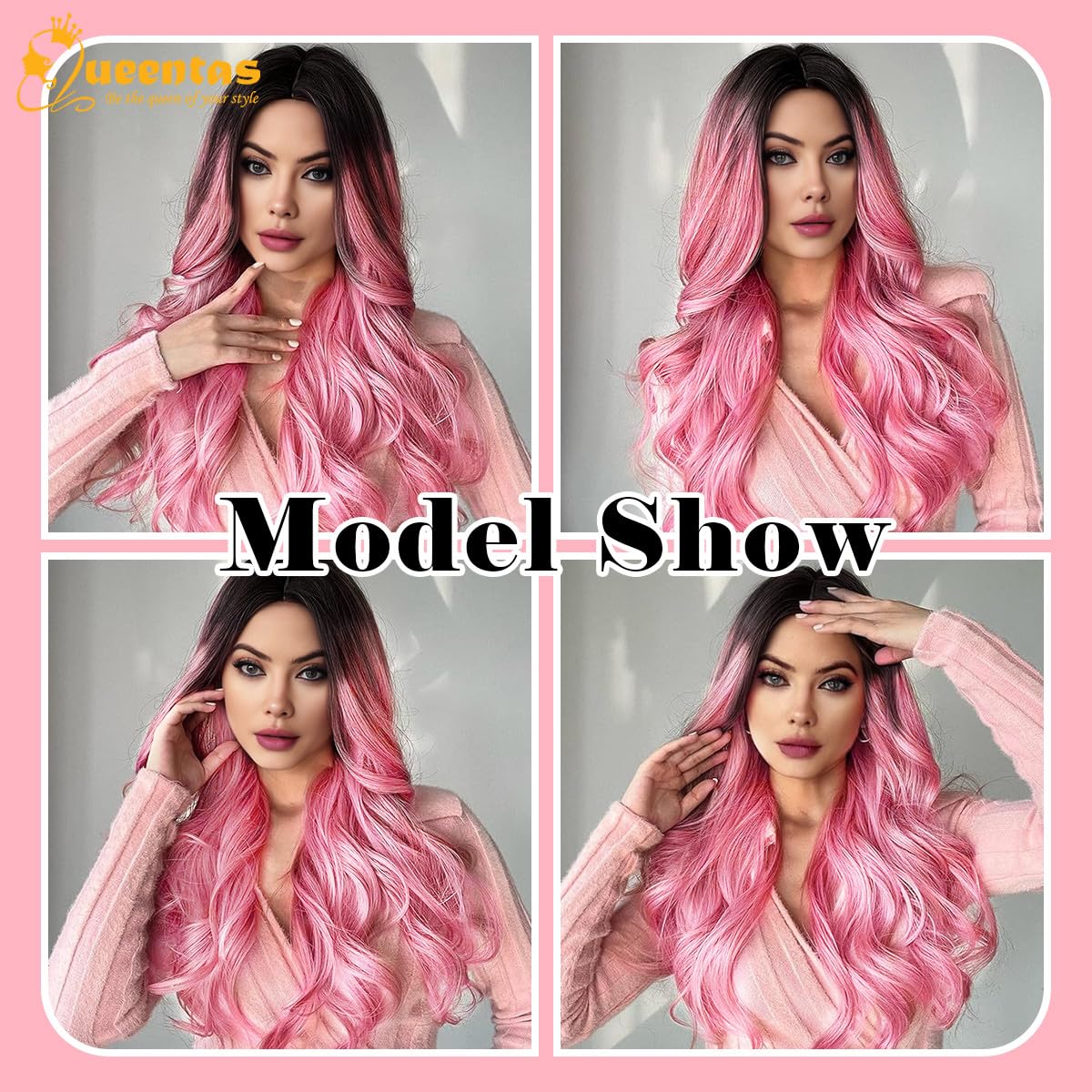 24 Inch Long Pink Wigs for Women Wavy Curly Wig Center Parted No Bangs Synthetic Hair Wig