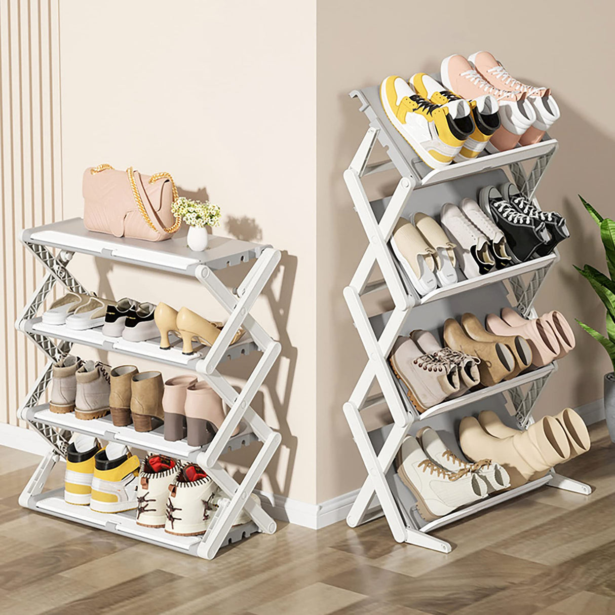 Foldable Shoe Rack, 4-Tier Installation-Free Shoe Rack, Free Standing Shoe Shelf Storage Organizer for Closet, Entryway, Balcony, Living Room, Bedroom, Brown