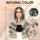 24 Inch Long Grey Wigs for Women Glueless Wavy Curly Wig Synthetic Hair Wig