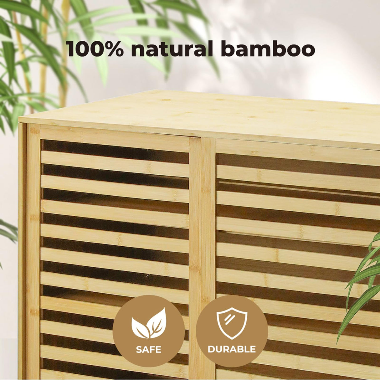 Bamboo Storage Cabinet, Freestanding Organizer, Cabinets Cupboard with Louvered Door and Open Shelf, for Bathroom Laundry Room, Entryway, Kitchen, Natural,80cm x 40cm x 88cm