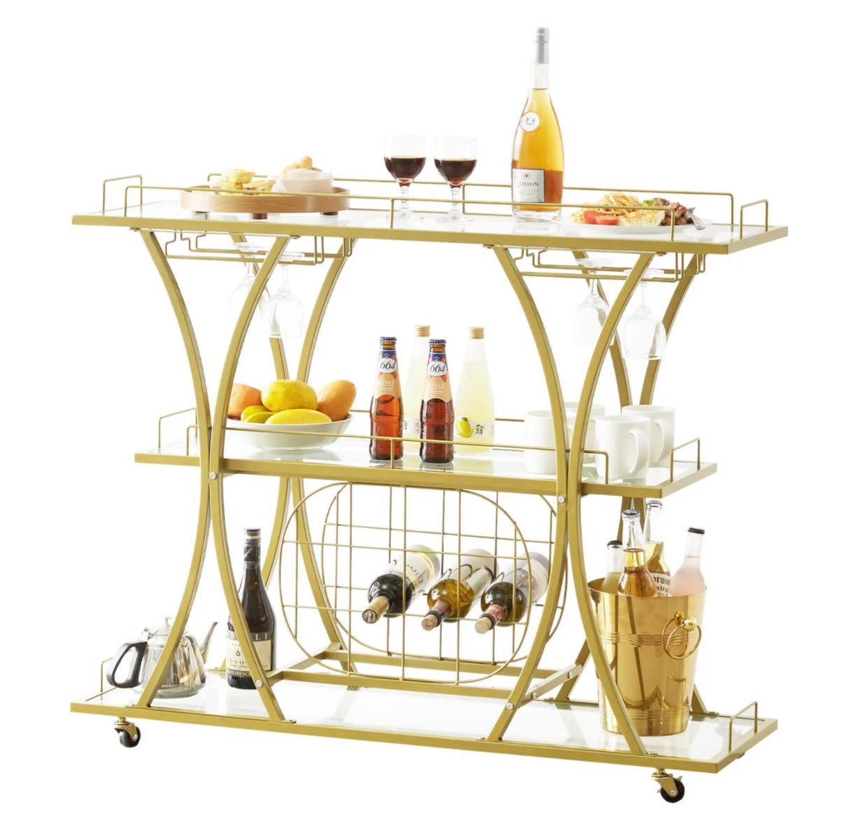 3 Tiers Gold Metal Bar Serving Cart with Wine Rack Glass Holder 180 LBS