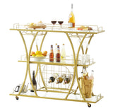 3 Tiers Gold Metal Bar Serving Cart with Wine Rack Glass Holder 180 LBS