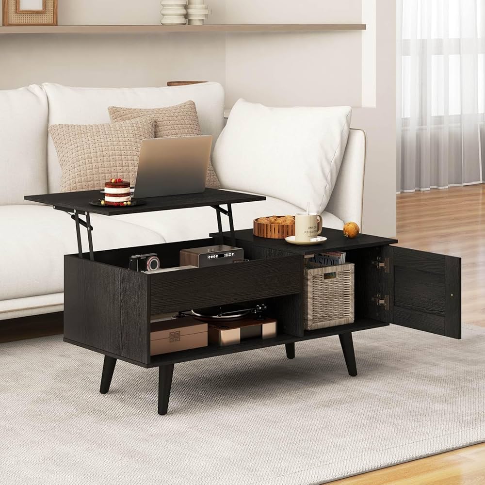 Lift Top Coffee Table with Storage, Living Room Table with Hidden Compartment, Cabinet & Open Shelf, Flip Top Center Table, Pull up Coffee Table for Home, Office