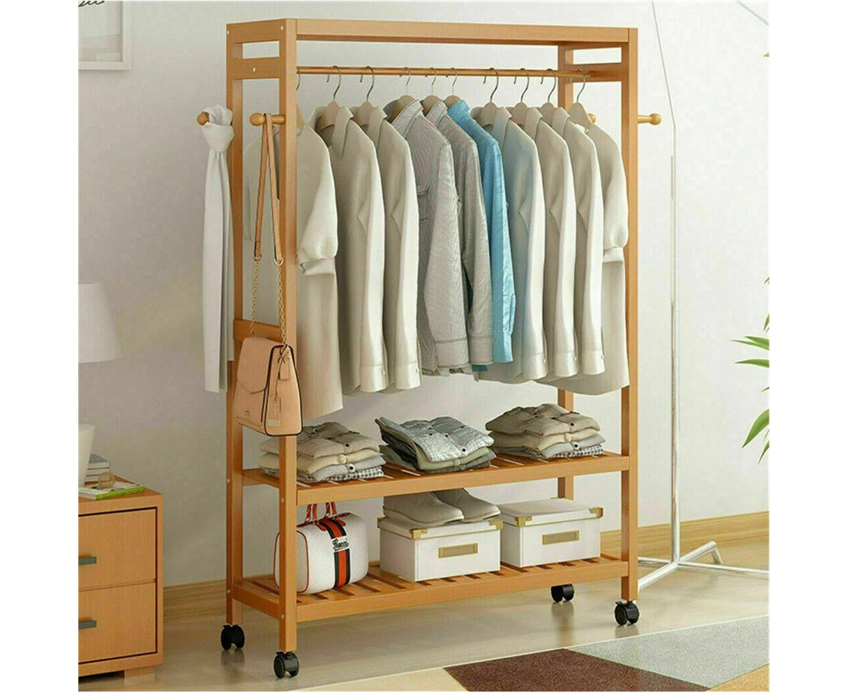 Heavy Duty Wooden Clothes Rail Rack Garment Stand Corner Open Wardrobe w/ Wheels