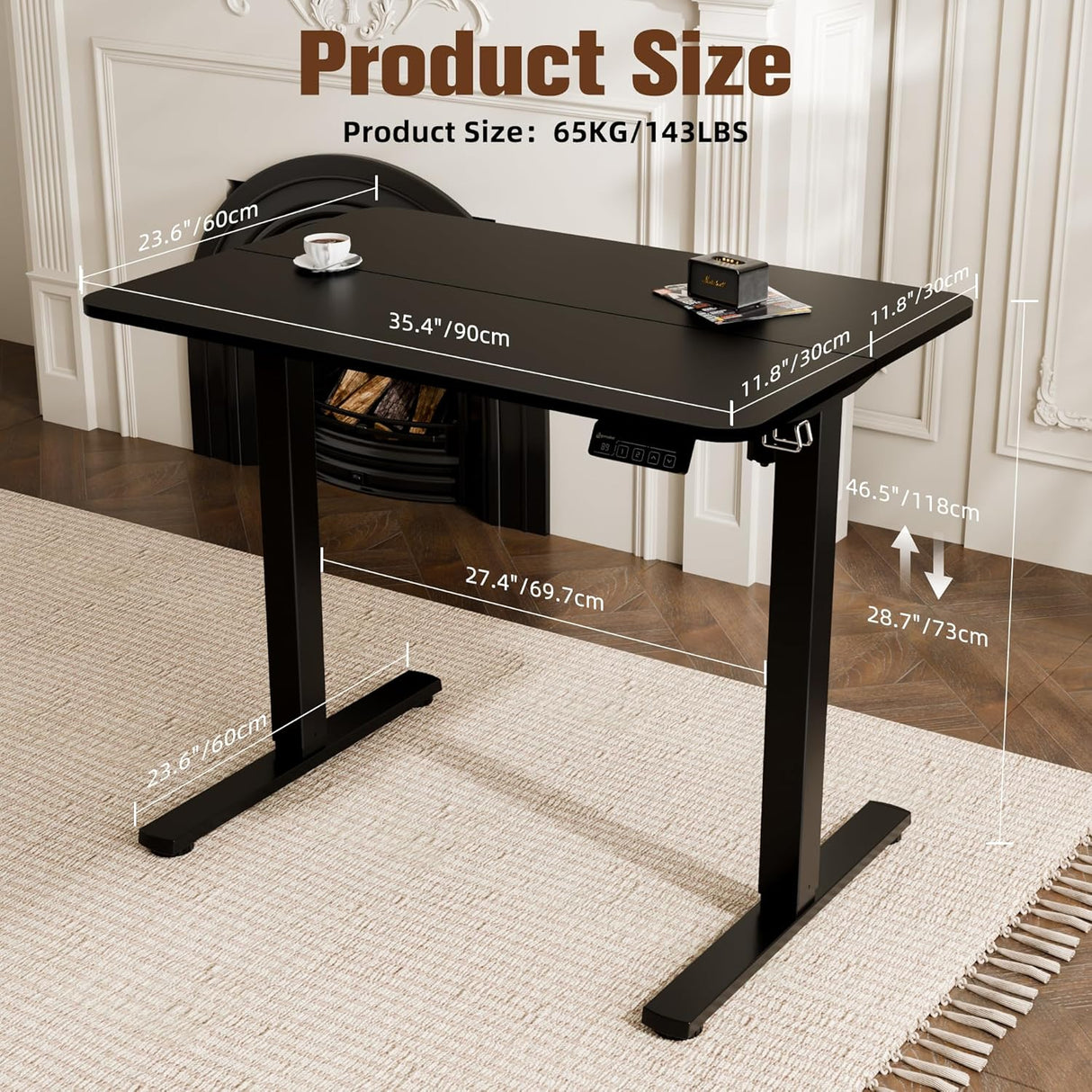 Electric Standing Desk 90x60cm (35.4"x23.6"), Height Adjustable Standing Desk with Splice Board, Stand Up Desk with Hook and Memory Smart Handset