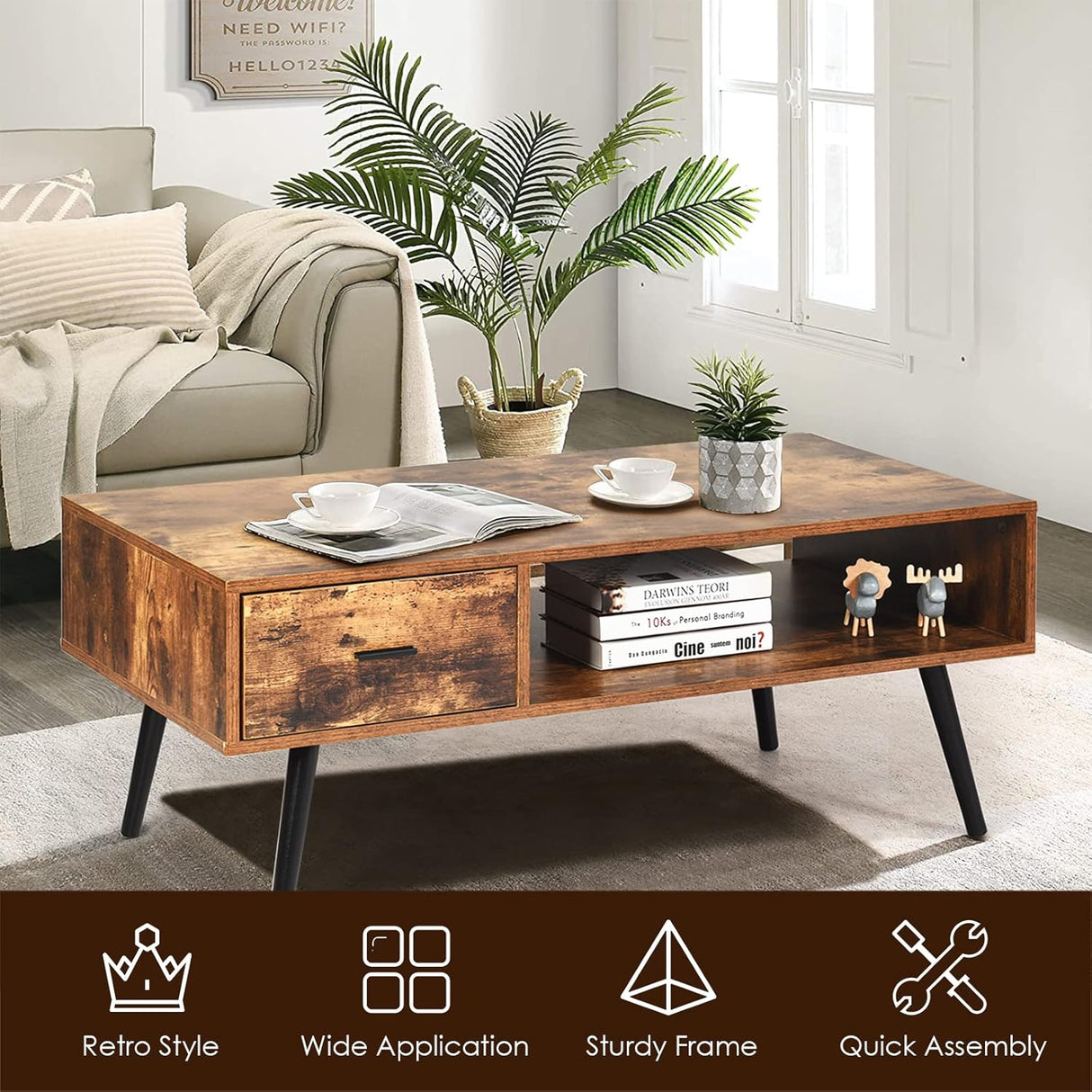 Choice Mid Century Coffee Table for Living Room, 109 cm Rectangular Wooden TV Stand Entertainment Center w/ 1 Drawer & Open Shelf, Modern Accent Cocktail Sofa Table