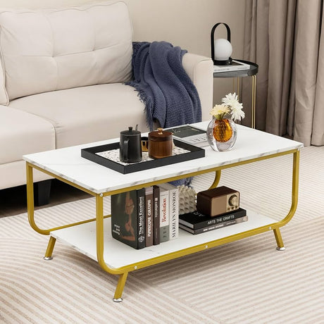 Marble Coffee Table, 2-Tier Faux Marble Top Coffee Table w/Metal Frame, Rectangular Living Room Table w/Storage Shelf, Sofa Side Table, Accent Table for Living Room, Office, Balcony