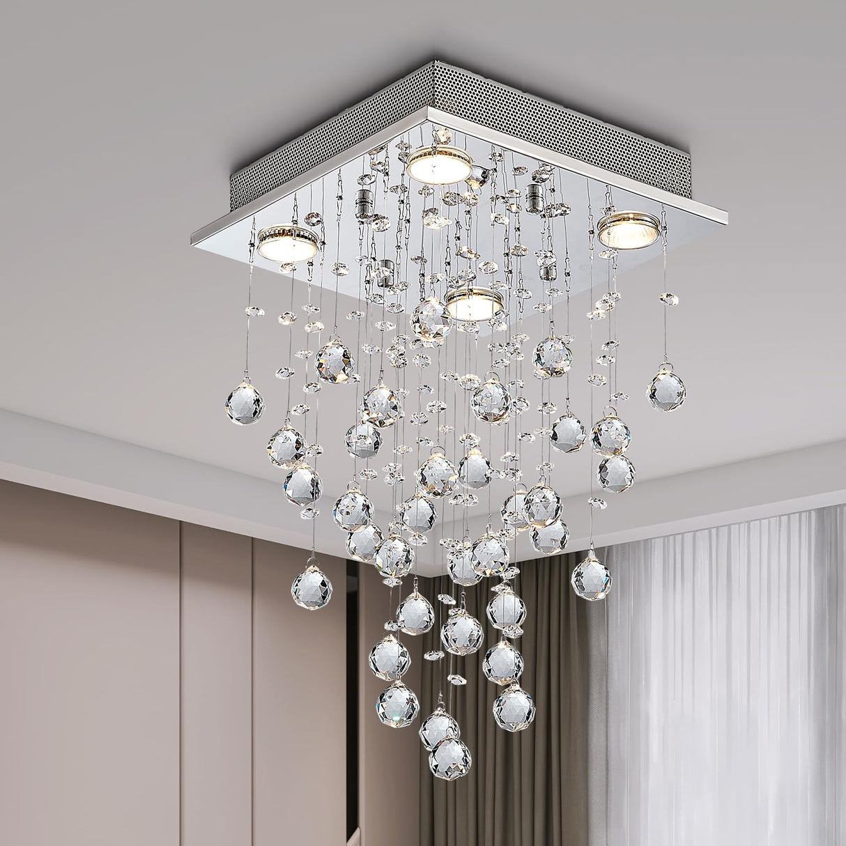 Modern Crystal Raindrop Chandelier Lighting Flush Mount LED Ceiling Light Fixture Pendant Lamp for Dining Room Bathroom Bedroom Livingroom 4 GU10 LED Bulbs Required Width 35 cm Height 50 cm