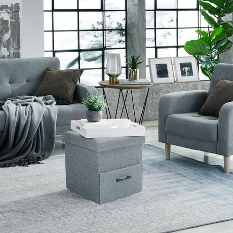 Folding Ottoman Storage Cube Footstool with Drawer Stool Blanket Box Oxford Linen 40x40x40cm