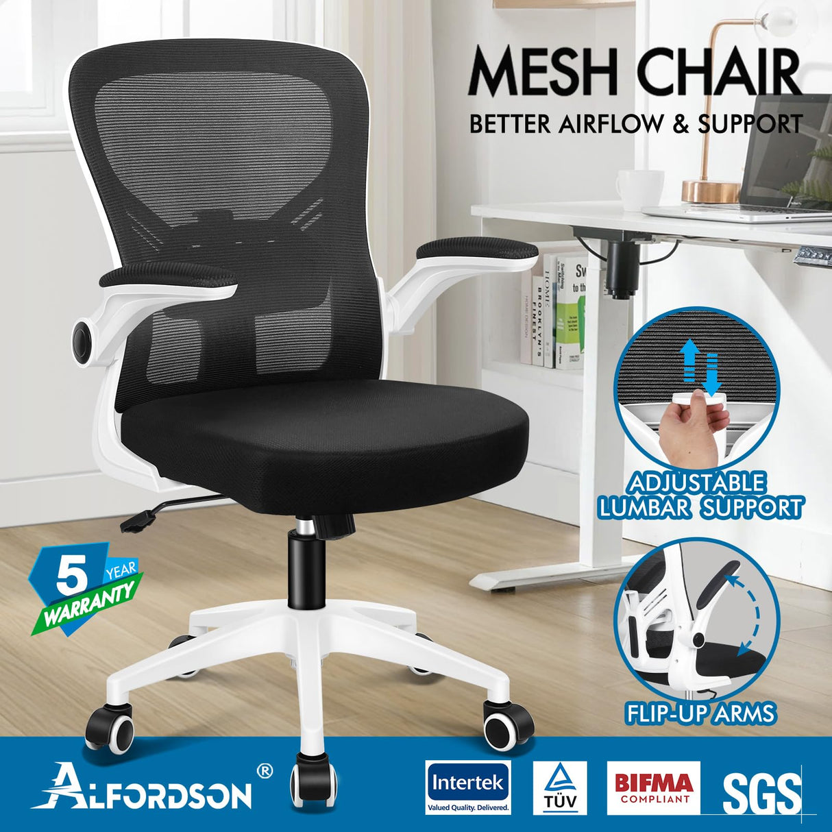 Ergonomic Office Chair Mesh for Home Office, Mid-Back Student Computer Study Desk Chair with Adjustable Flip-Up Arm & Lumbar Support, Gaming Racing Task Chair, Keldon White Black